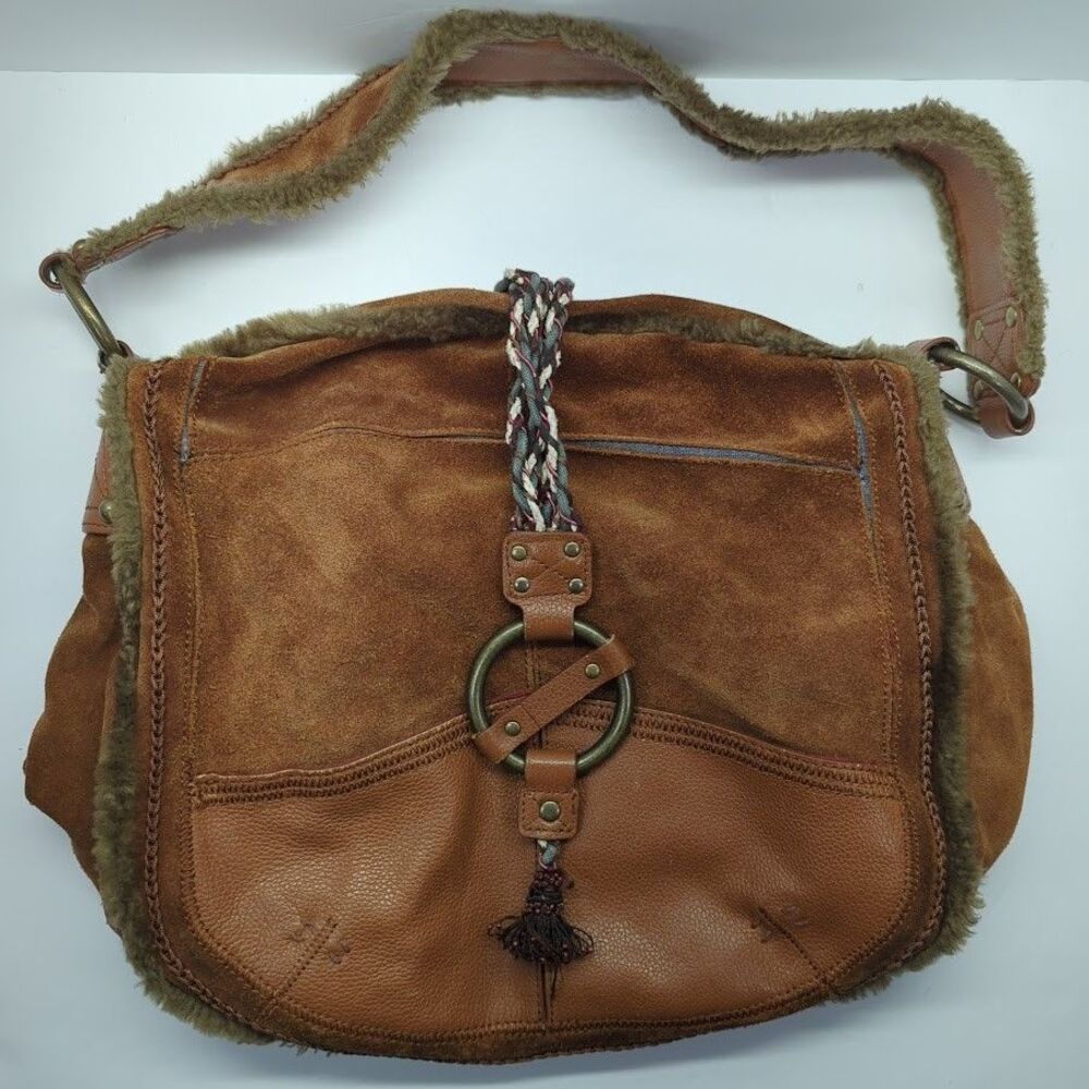 Vintage Y2K Brown Genuine Leather Faux Fur Trim Boho‎ Hippie Shoulder Bag